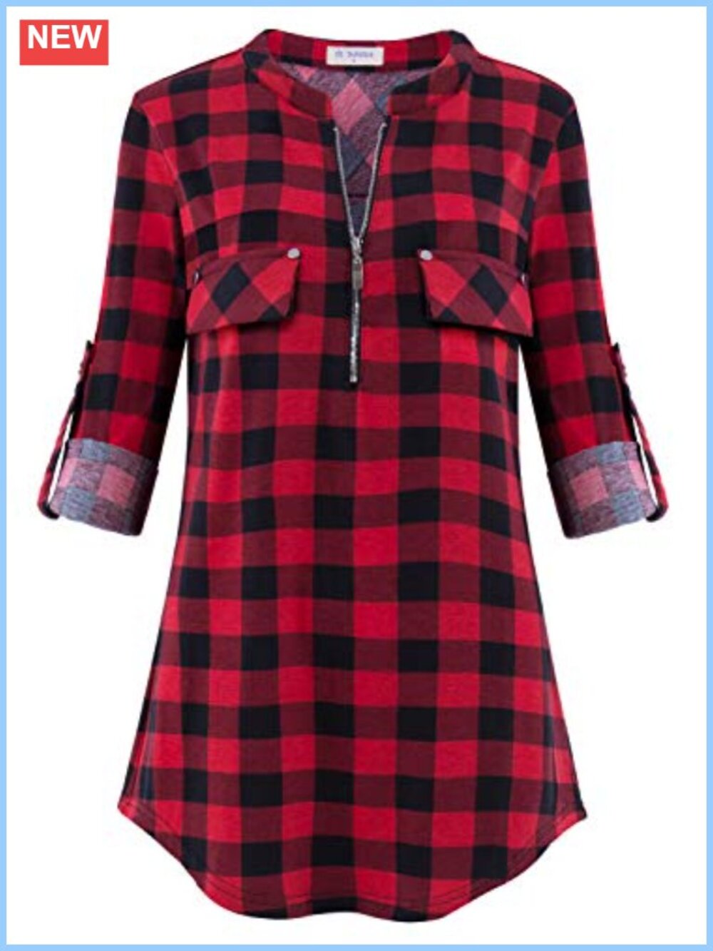 Womens 3/4 Sleeve Tunic Blouse Plaid Mandarin Collar Zipper Work Top